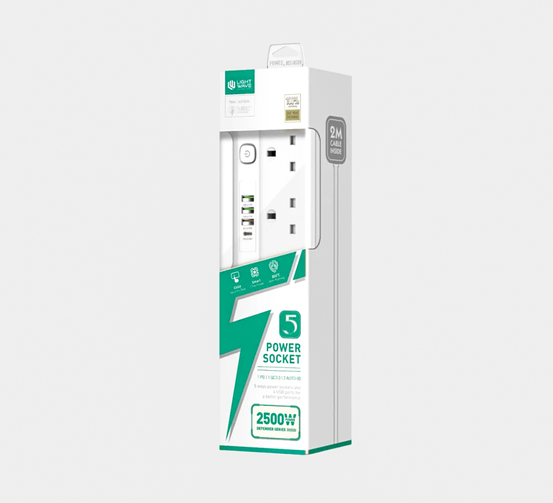 LW EXT‑54U – Multiprise 5 prises universelles + 4 ports USB (câble ≈ 2 m, 2500 W)