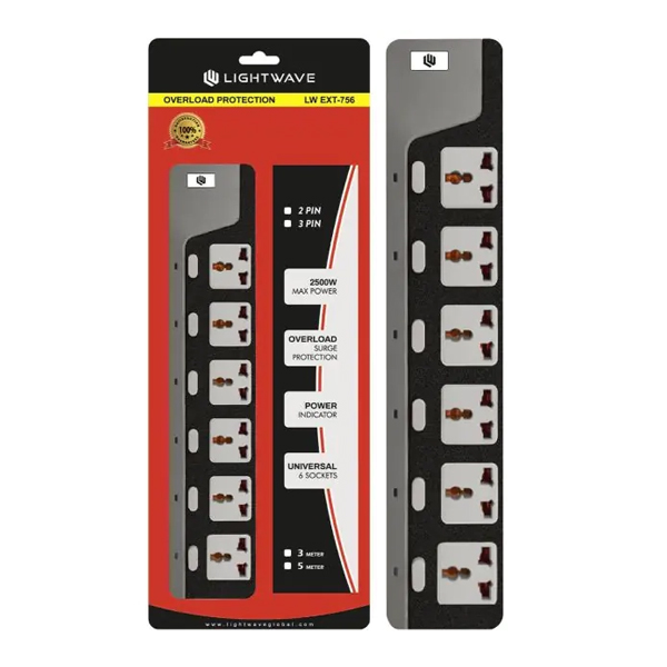 Fiche technique claire et complète  Modèle : LW EXT 755‑2P  Type : Multiprise universelle avec protection contre surtension  Nombre de prises : 5 ports secteur compatibles 2 P/3 P  Longueur du câble : 3 m  Capacité nominale : 2500 W (10 A)  Protection électrique : absorption des surtensions, filtrage EMI/RFI  Interrupteur & LED : marche/arrêt avec témoin lumineux  Disjoncteur réarmable : protège contre les surcharges  Sécurité enfants : obturateurs intégrés sur chaque prise  Câble : robuste, adapté à un usage prolongé