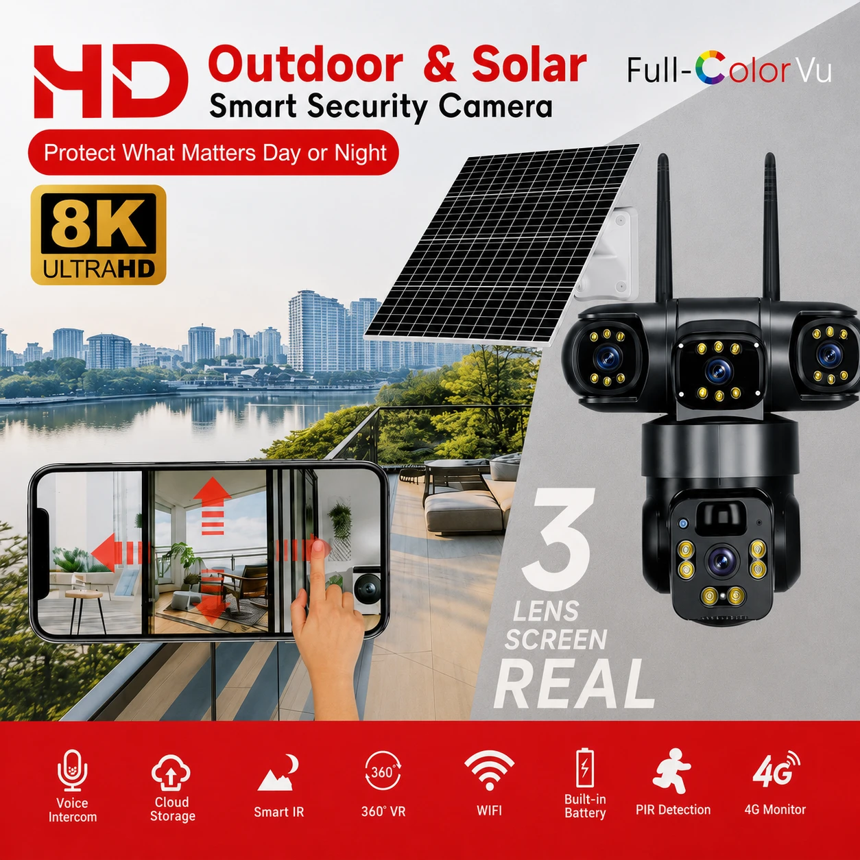 Caméra Solaire 8K Triple Objectif V380